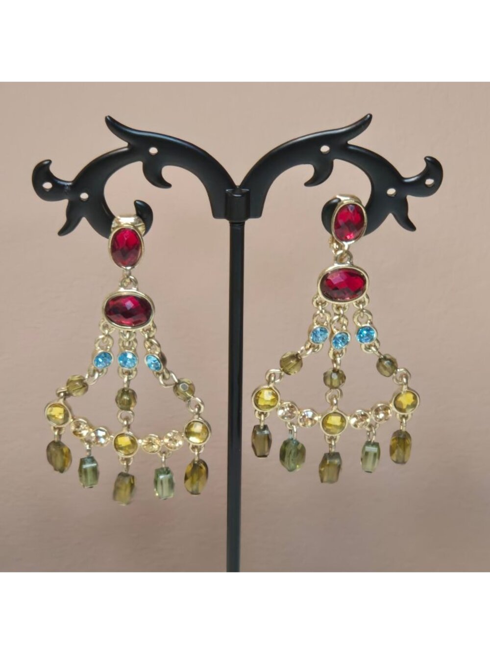 Vintage Liz Claiborne Chandelier Clip-On Earrings glass Rhinestone Retro Jewelry